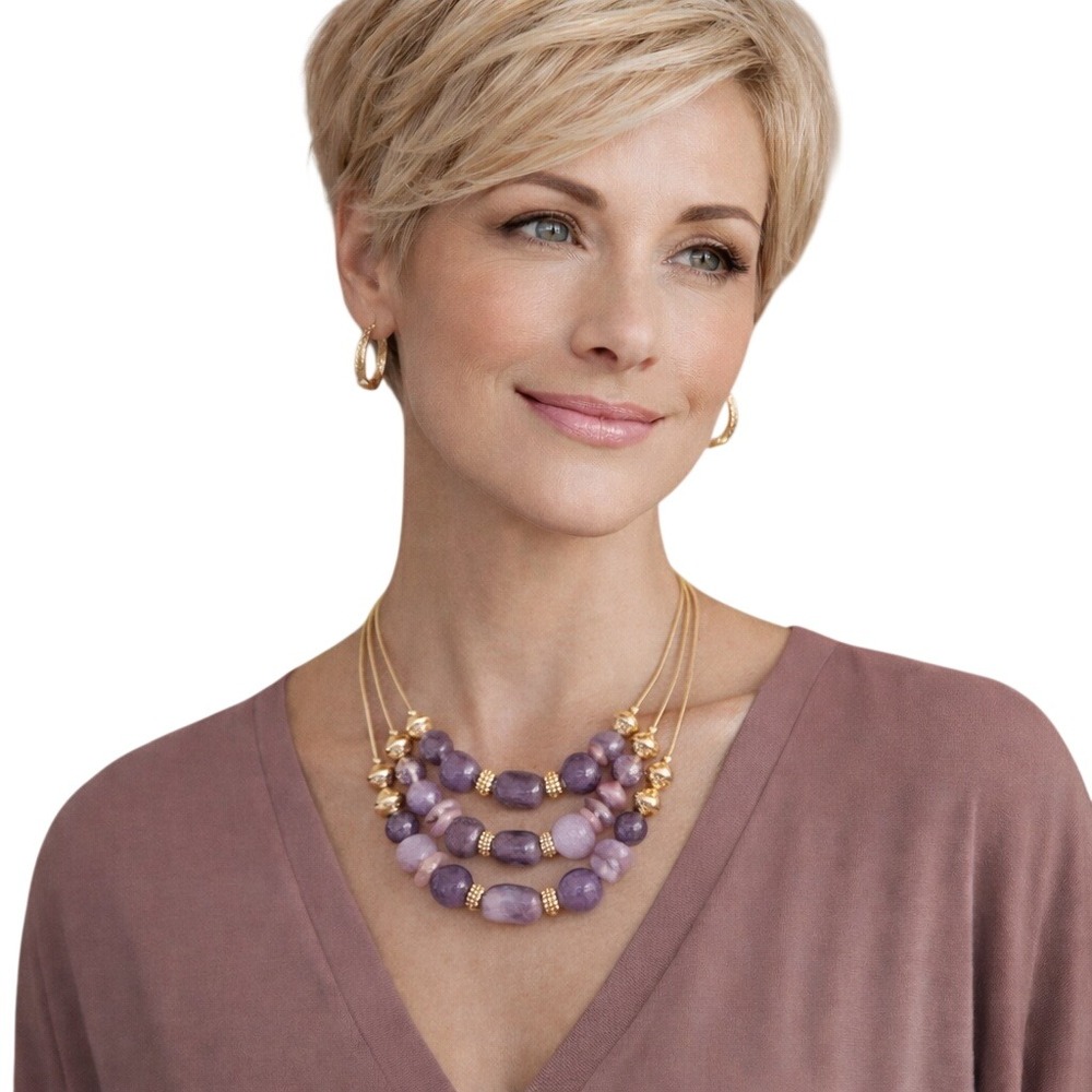 Chico's Beaded Statement‎ Necklace Purple Agate Aventurine Gold Tone 3-Strand